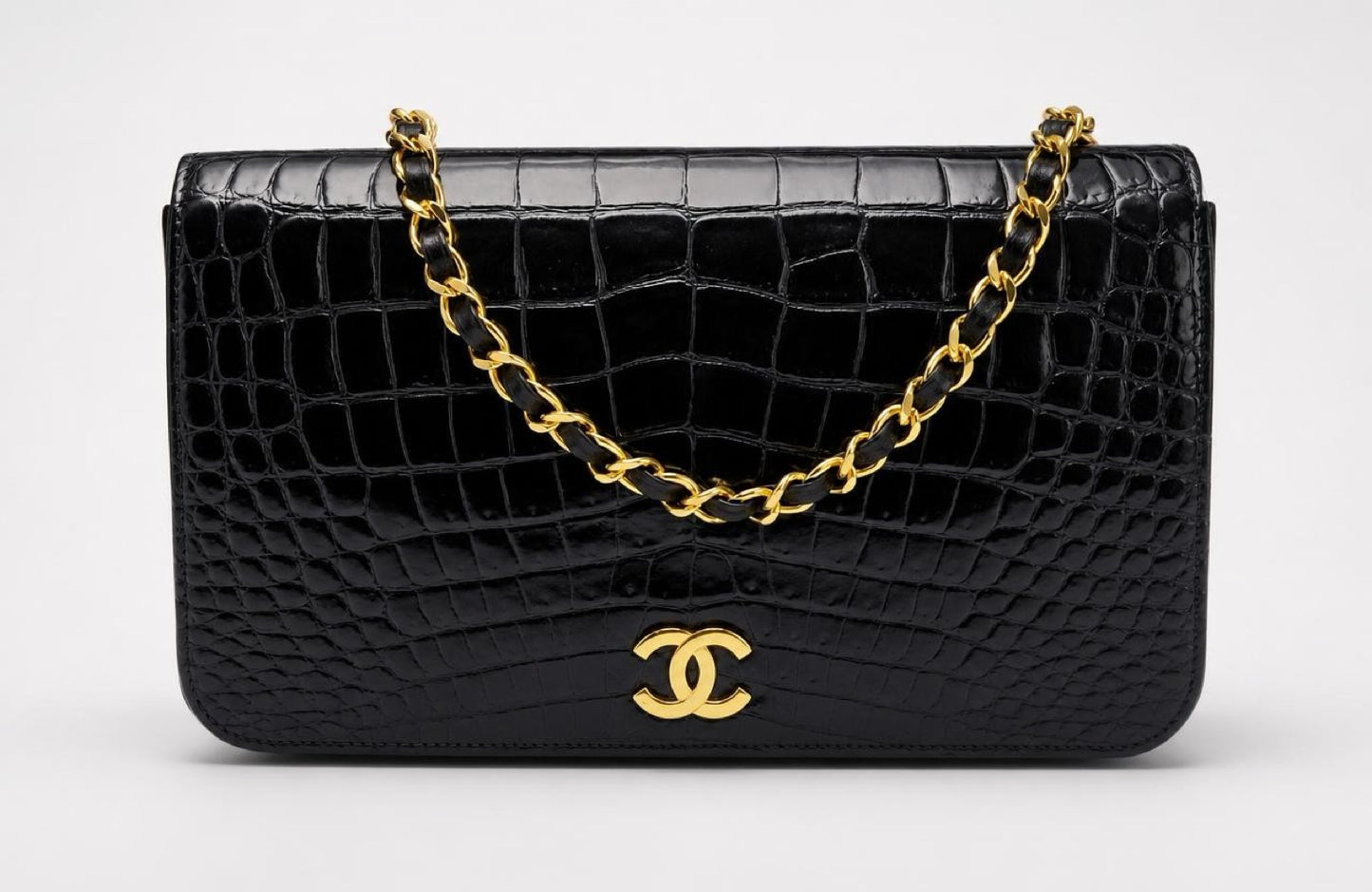 ULTRA RARE Vintage 1984 Chanel Black Crocodile Flap Bag 24K Gold Hardware