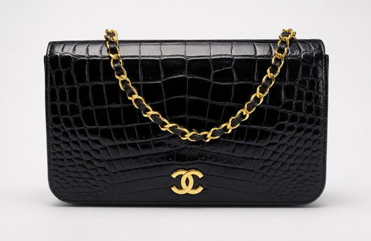 ULTRA RARE Vintage 1984 Chanel Black Crocodile Flap Bag 24K Gold Hardware