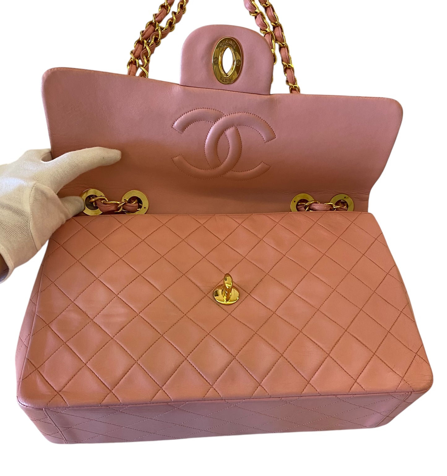 Chanel Vintage 90’s Barbie Pink Lambskin Maxi 24K Gold Hardware