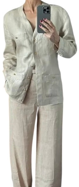Chanel Vintage 1980s 18 Button Cream Linen Patch Pocket Jacket FR 40/42