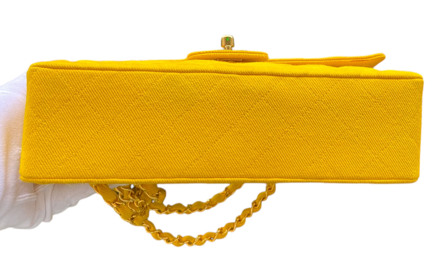 Vintage Chanel 90’s Yellow Denim Medium Classic Flap Bag 24K Gold Hardware