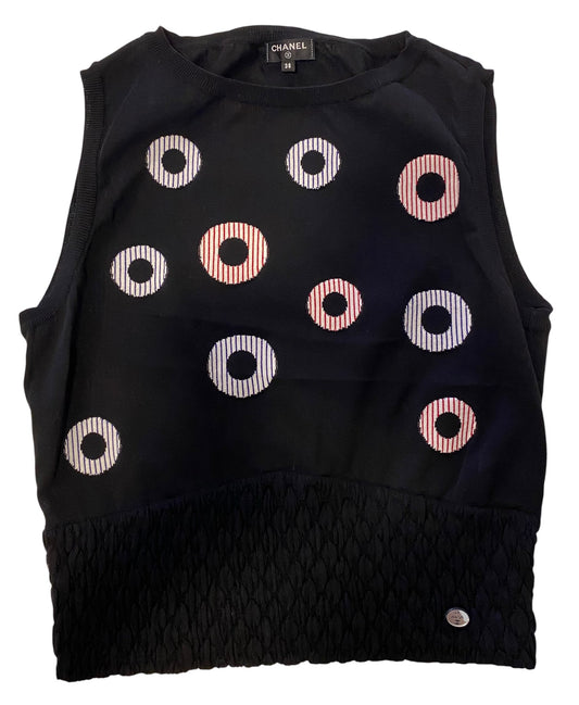 CHANEL 19C LA PAUSA BLACK KNIT INTARSIA CROPPED TOP BLOUSE FR 38
