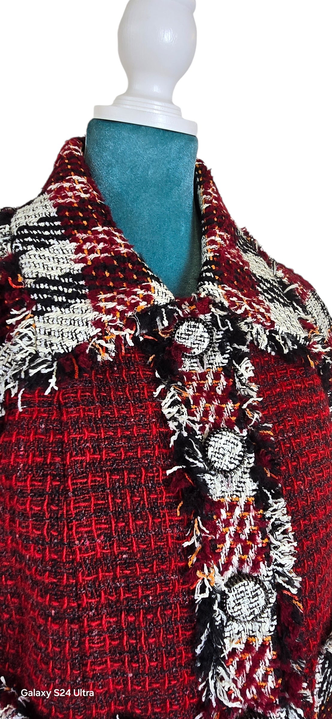 Chanel 16A Runway Burgundy Plaid Tweed Fringe Jacket FR 40