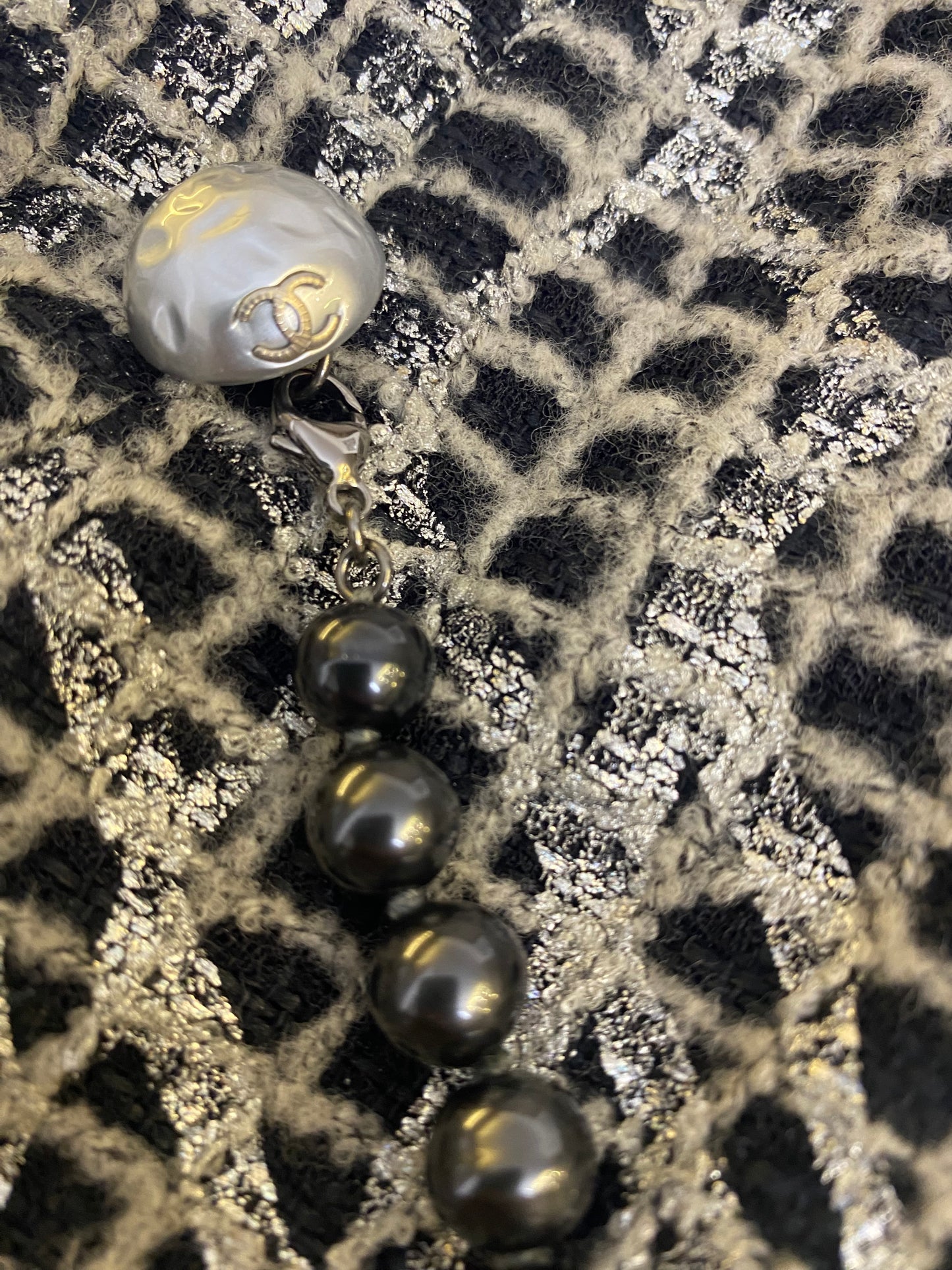 Chanel 12P Double Breasted Silver Metallic Graffiti Black Removable Pearls Jacket FR 36