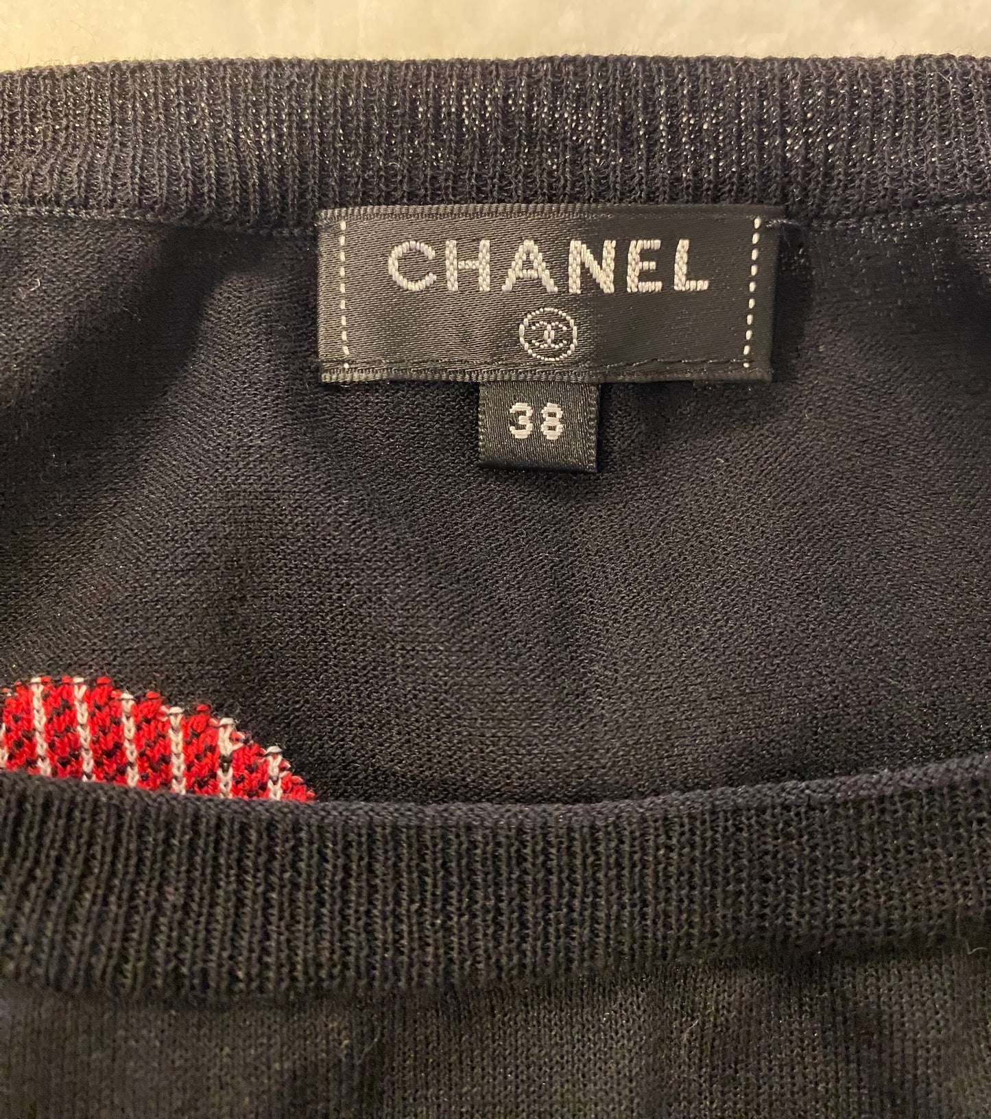 CHANEL 19C LA PAUSA BLACK KNIT INTARSIA CROPPED TOP BLOUSE FR 38
