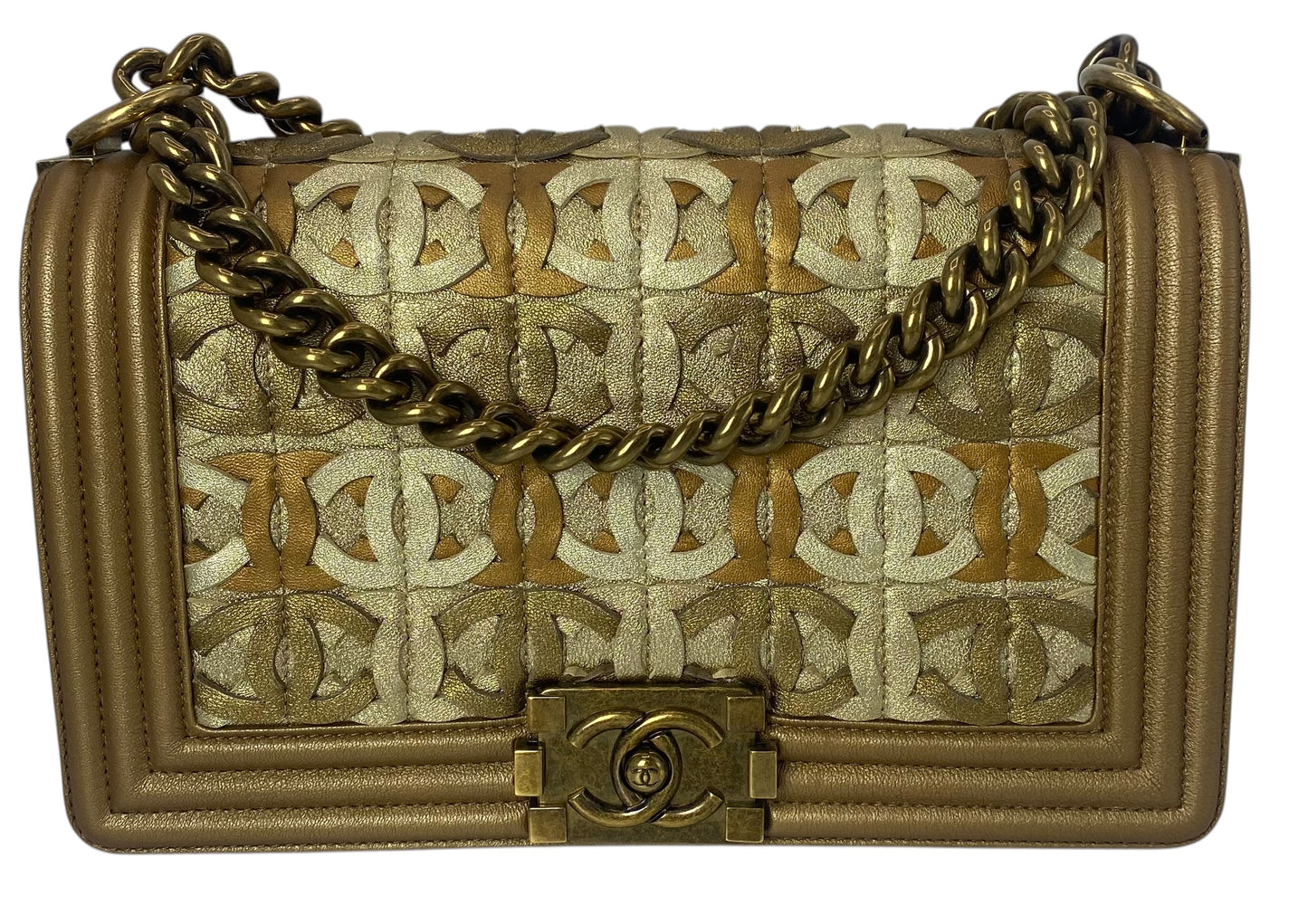 Chanel 15C Metallic Gold CC Cut Out Old Medium Boy Bag