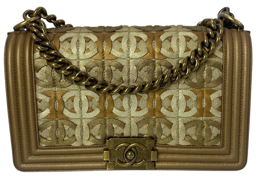 Chanel 15C Metallic Gold CC Cut Out Old Medium Boy Bag