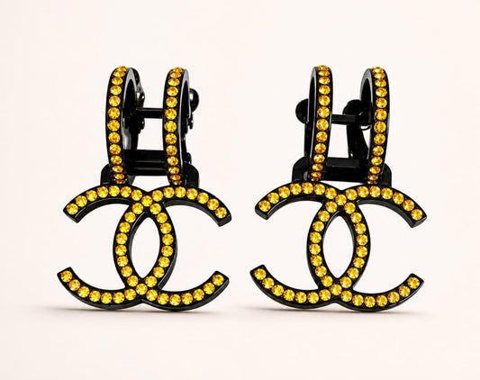 Chanel 17S Runway Yellow Crystal Oversized CC Clip On Statement Earrings