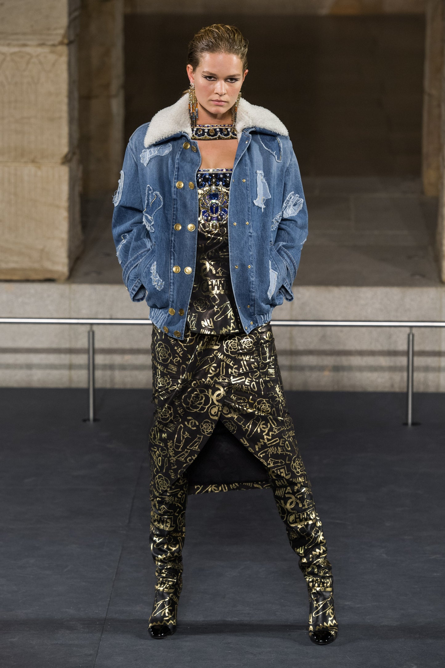 Chanel 19A Paris-New York Egypt Blue Denim & Shearling Hieroglyph Coco Shopping Tote