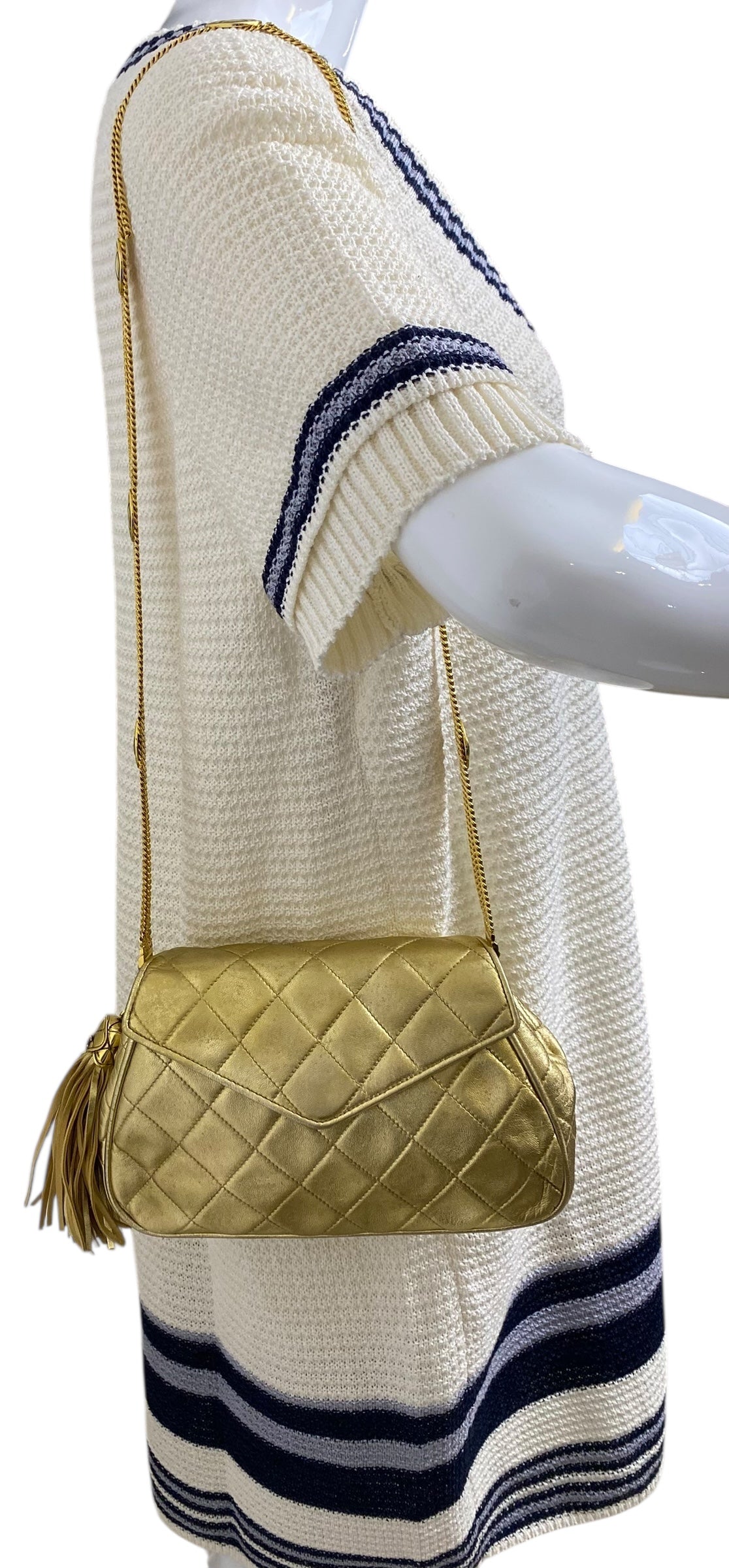 Rare 90’s Chanel Vintage Gold Quilted Lambskin Leather Multi Chain Jewelry Tassel Bag