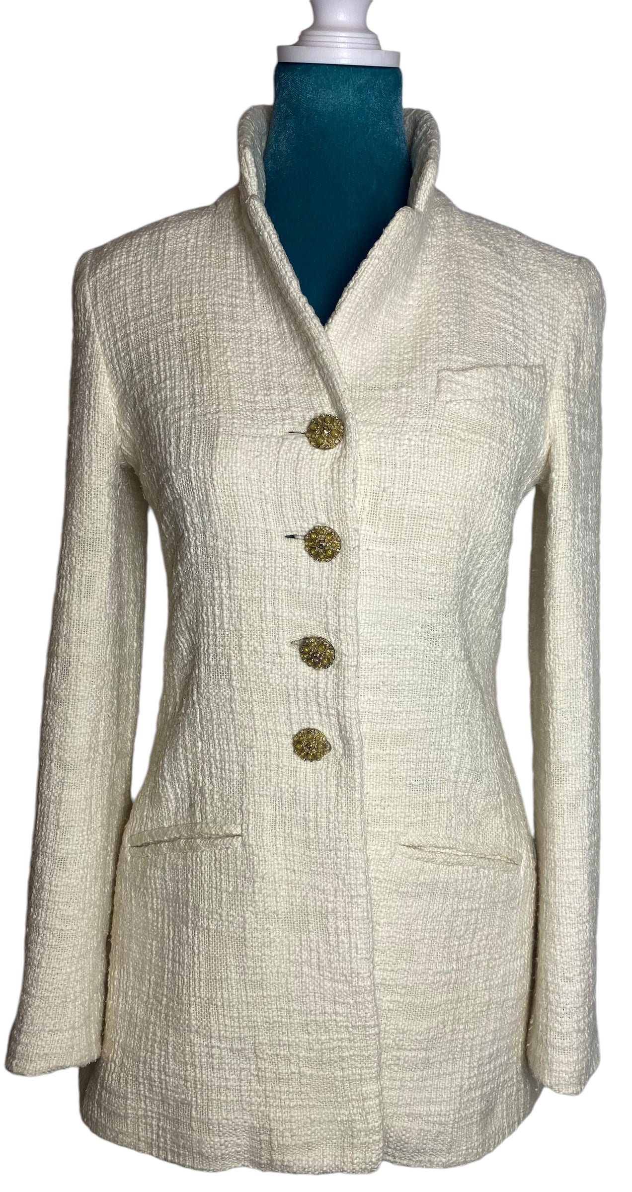 Chanel 12A Paris-Bombay Runway Ivory Ecru Cotton Tweed Blazer Long Jacket FR 38