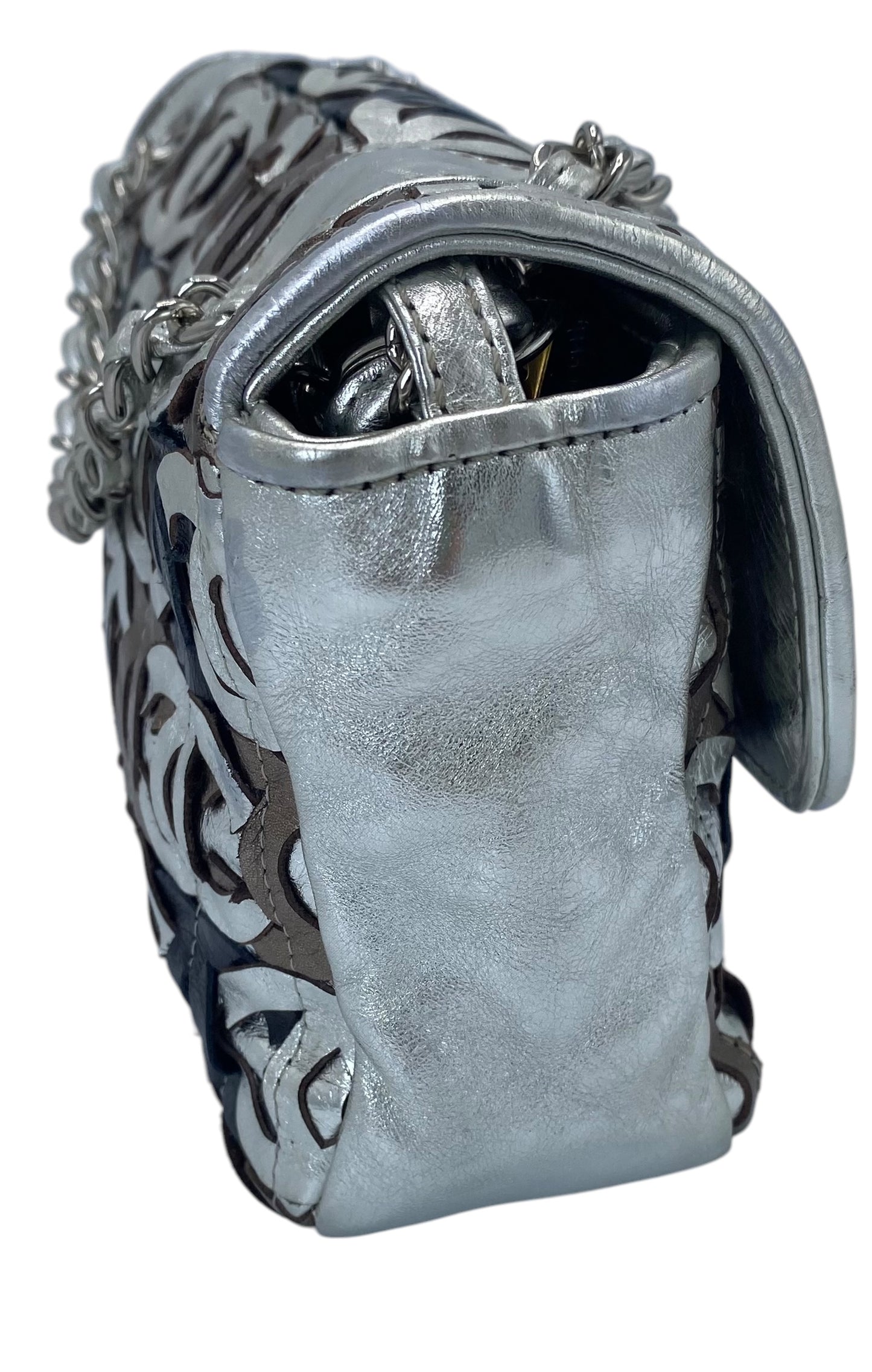 Chanel 08P CC Cutout Silver Metallic Limited Edition Medium Flap Bag