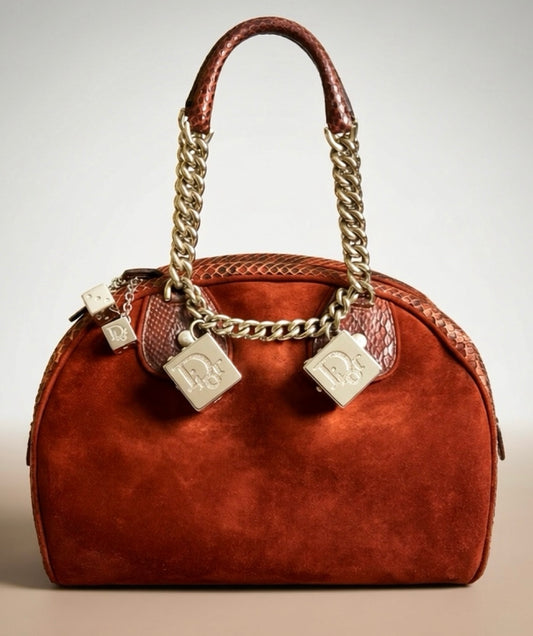 Rare Christian Dior Medium 2004 F/W Burgundy Suede Python Dice Gambler Bowling Bag