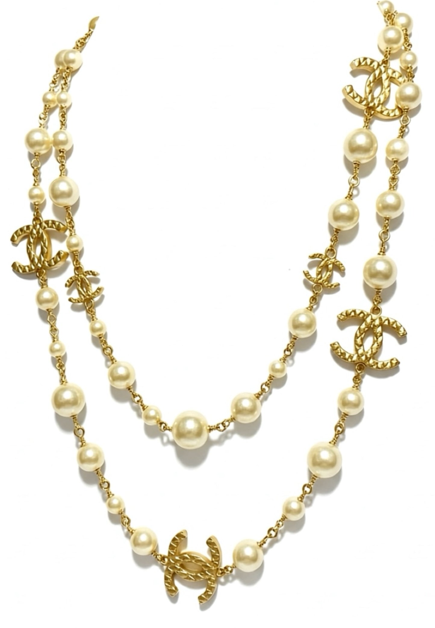 Chanel 10A Shanghai Extra Long 8 CC Logo Pearl Gold Strand Necklace
