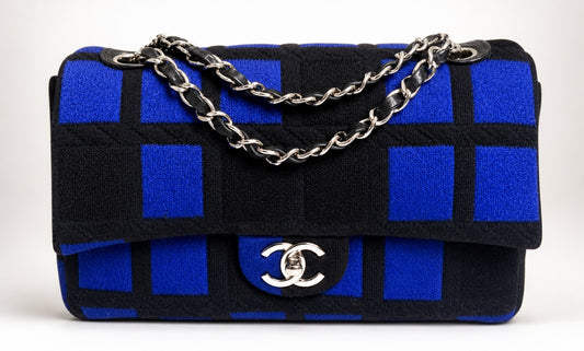 Chanel 13P Runway Blue Black Jersey Classic Medium Single Flap Bag SHW