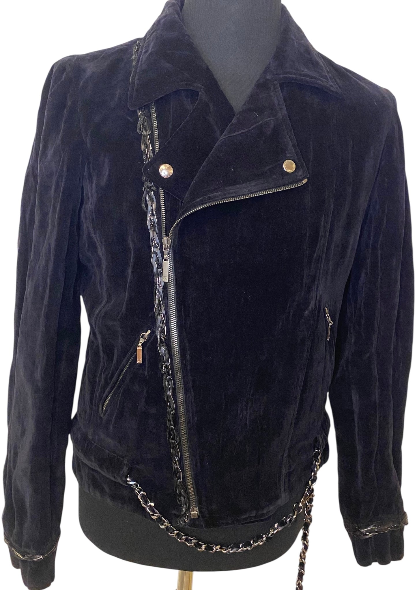 Chanel 06A Black Washed Velvet Bomber Biker Jacket Removable Chain Link Belt FR 48