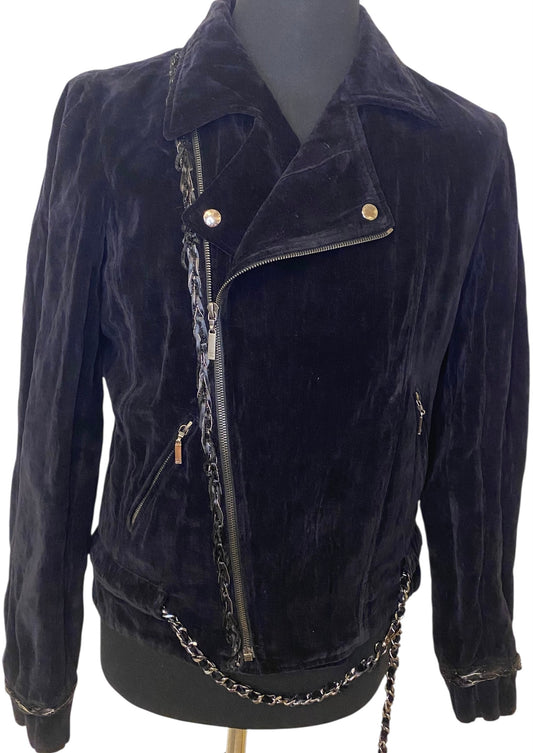 Chanel 06A Black Washed Velvet Bomber Biker Jacket Removable Chain Link Belt FR 48