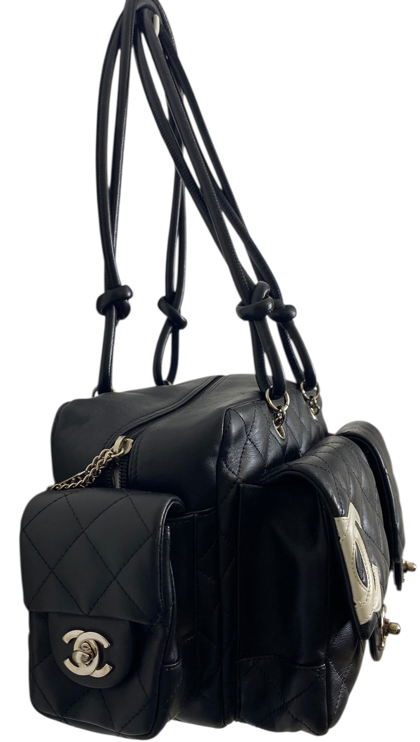 Chanel 2005 Small Cambon Reporter Black White Lambskin Handbag SHW