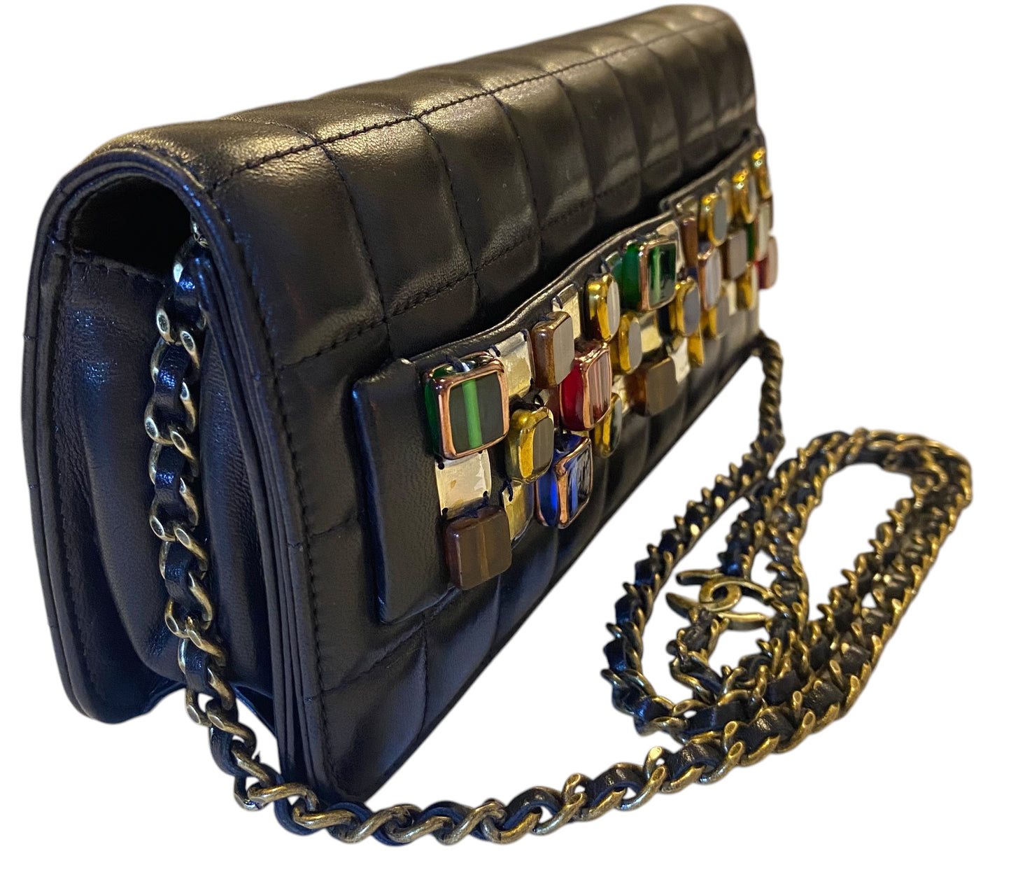 Chanel 11A Paris-Byzance Black Chocolate Bar Lambskin Leather Jeweled Clutch Minaudière Bag