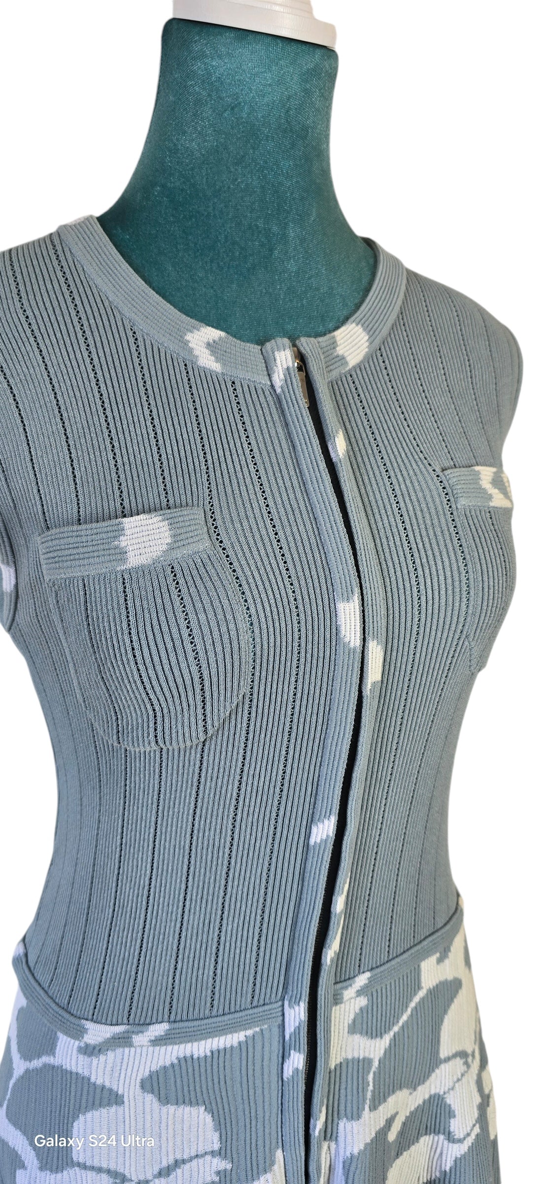 Chanel Airlines 2016 Runway Knit Midi Dress Baby Blue White Zipper Crew Neck FR 42
