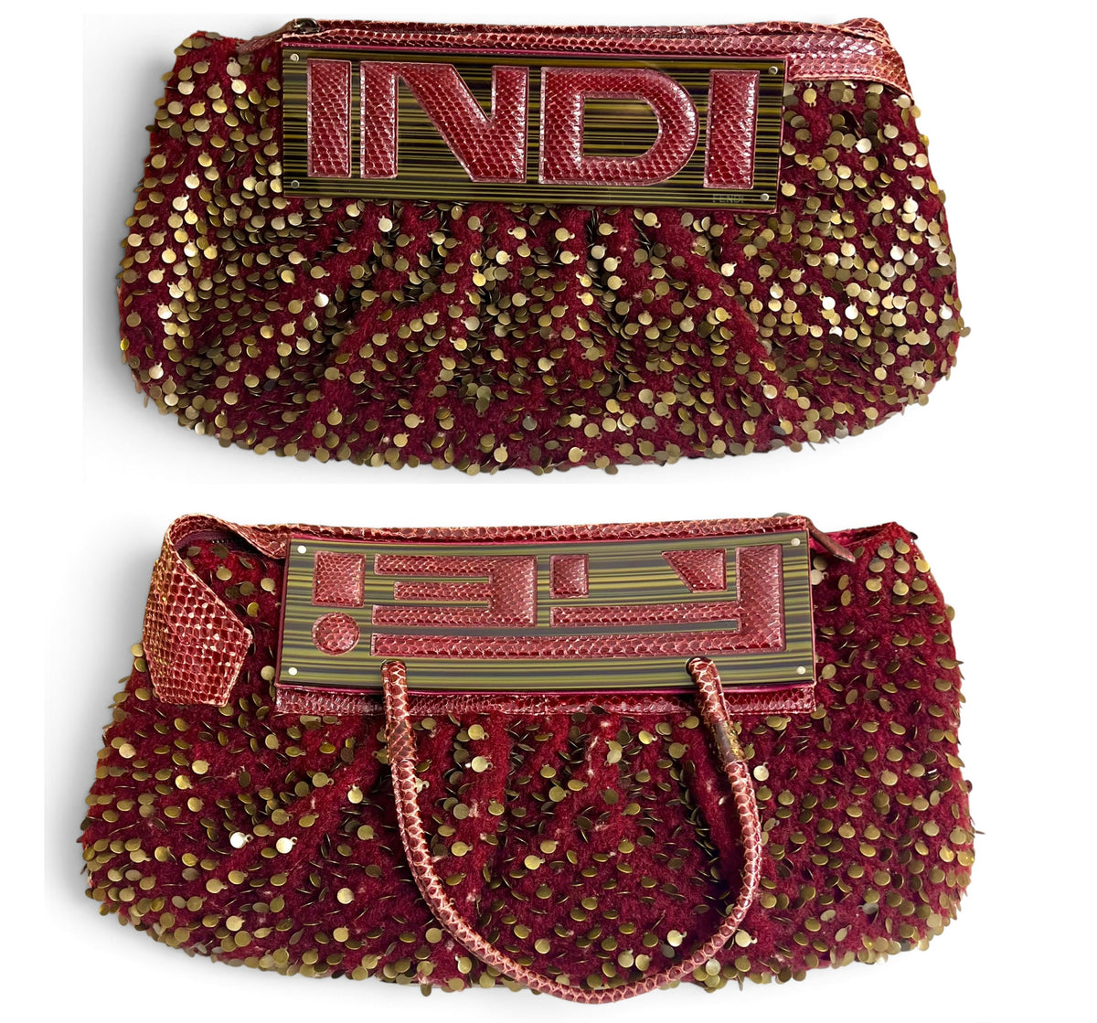 Rare Fendi 2007 ‘To You’ Convertible Burgundy Embroidered Sequins Python Clutch HandBag