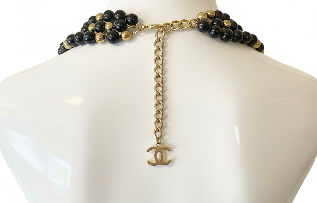 Chanel Airlines 2016 3 Strand 4 CC Extra Long Black Gold Mirror Statement Necklace