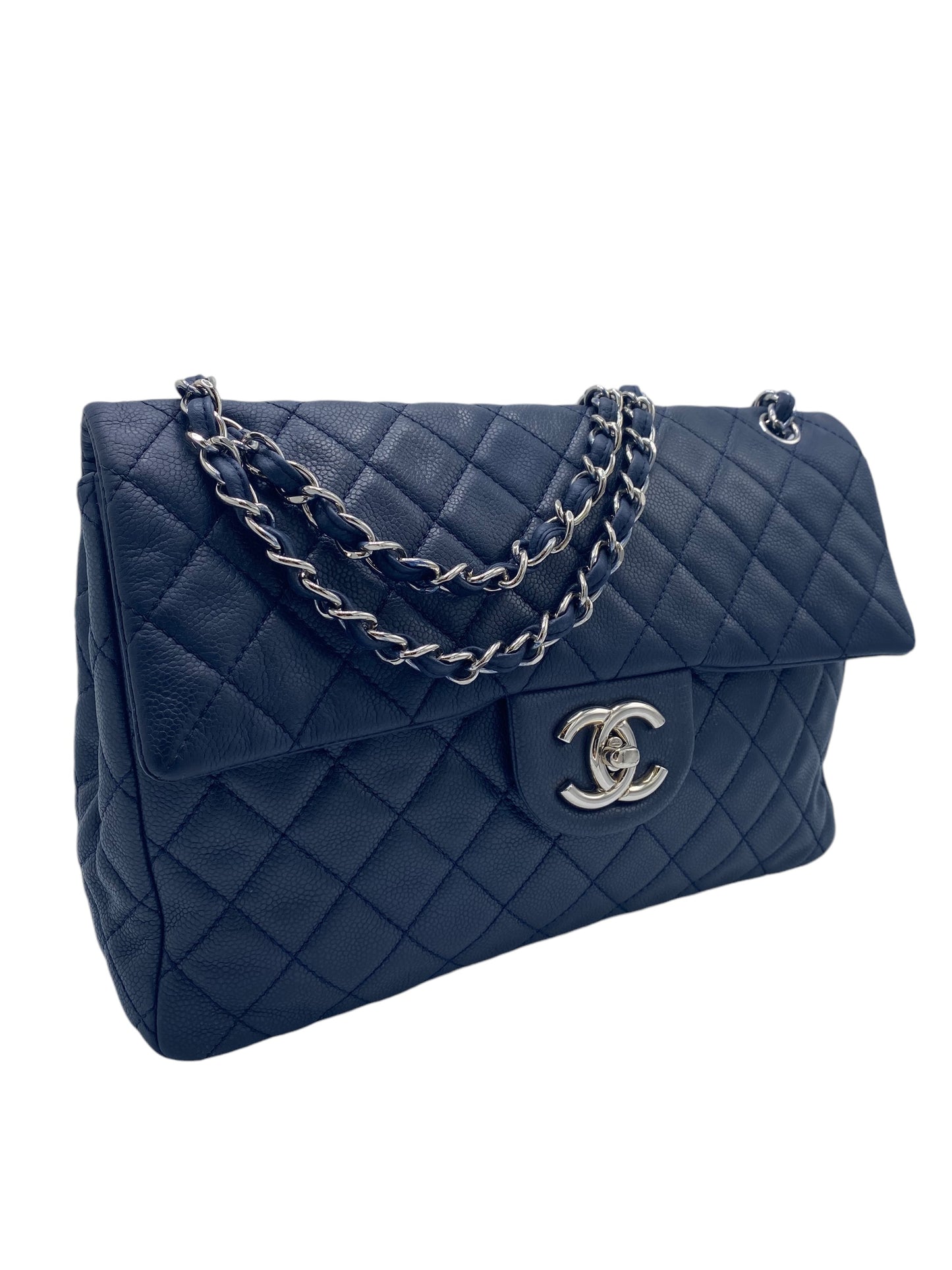 Chanel Navy Blue Soft Caviar Maxi Classic Flap Bag Silver Hardware SHW