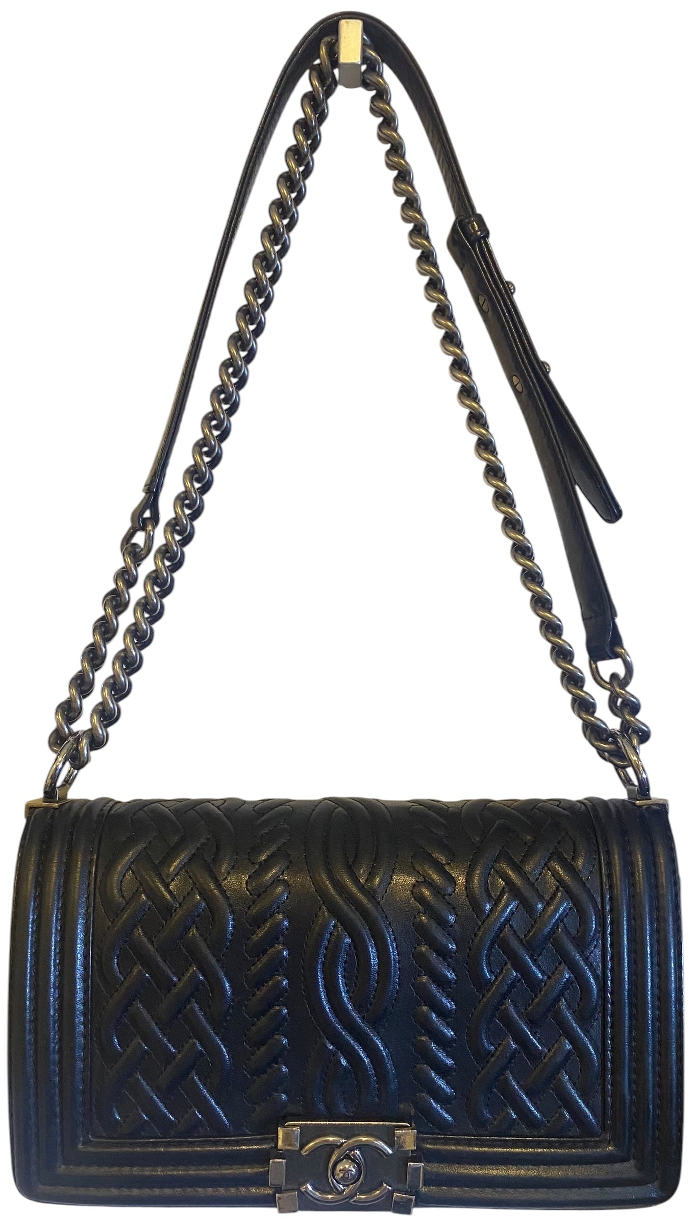 Chanel 13A Paris Edinburgh Black Lambskin Old Medium Embossed Celtic Knot Boy Flap Bag