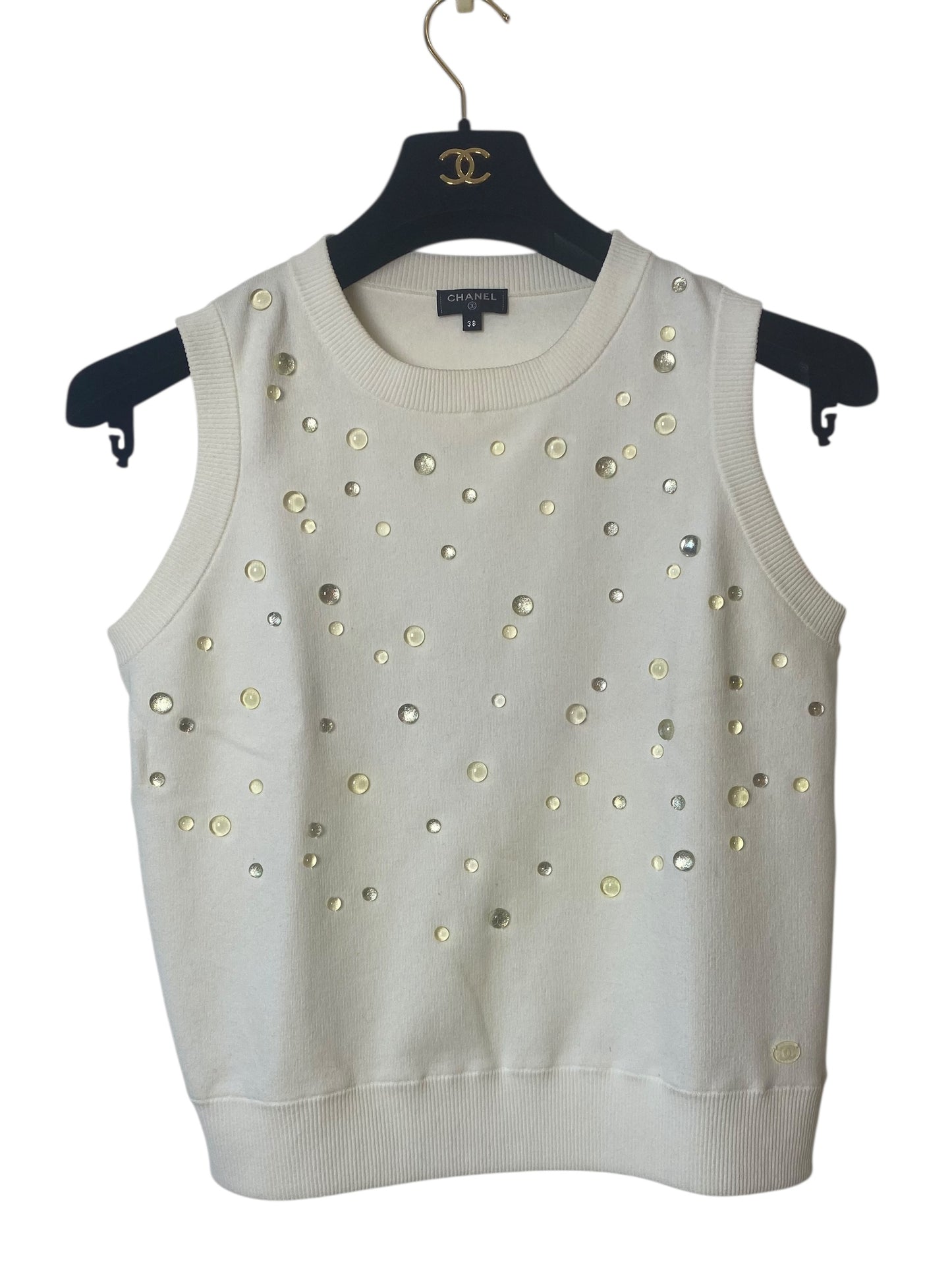 CHANEL 18P WATER DROP EMBELLISHED COTTON BLOUSE TOP FR 38