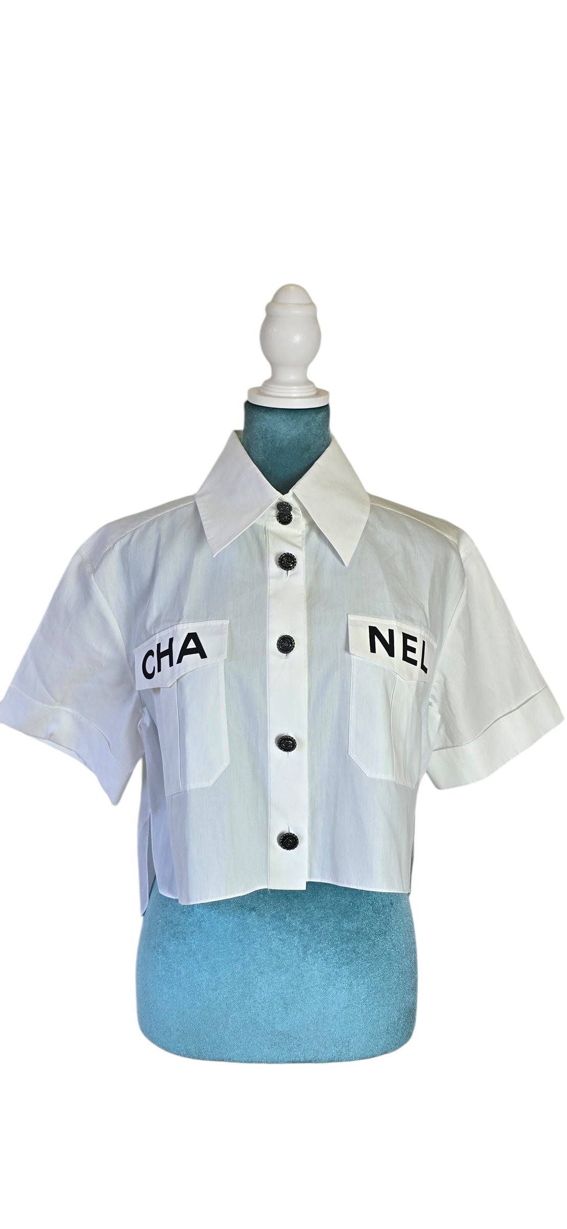 Chanel 2019 Logo Runway White Cropped Shirt Blouse FR 38