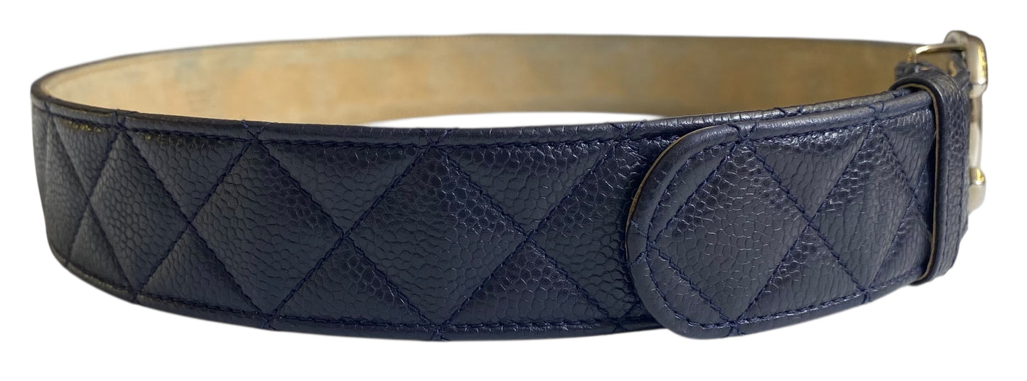 Chanel 13B Navy Blue Caviar Leather Quilted Silver CC Belt Size 90/36