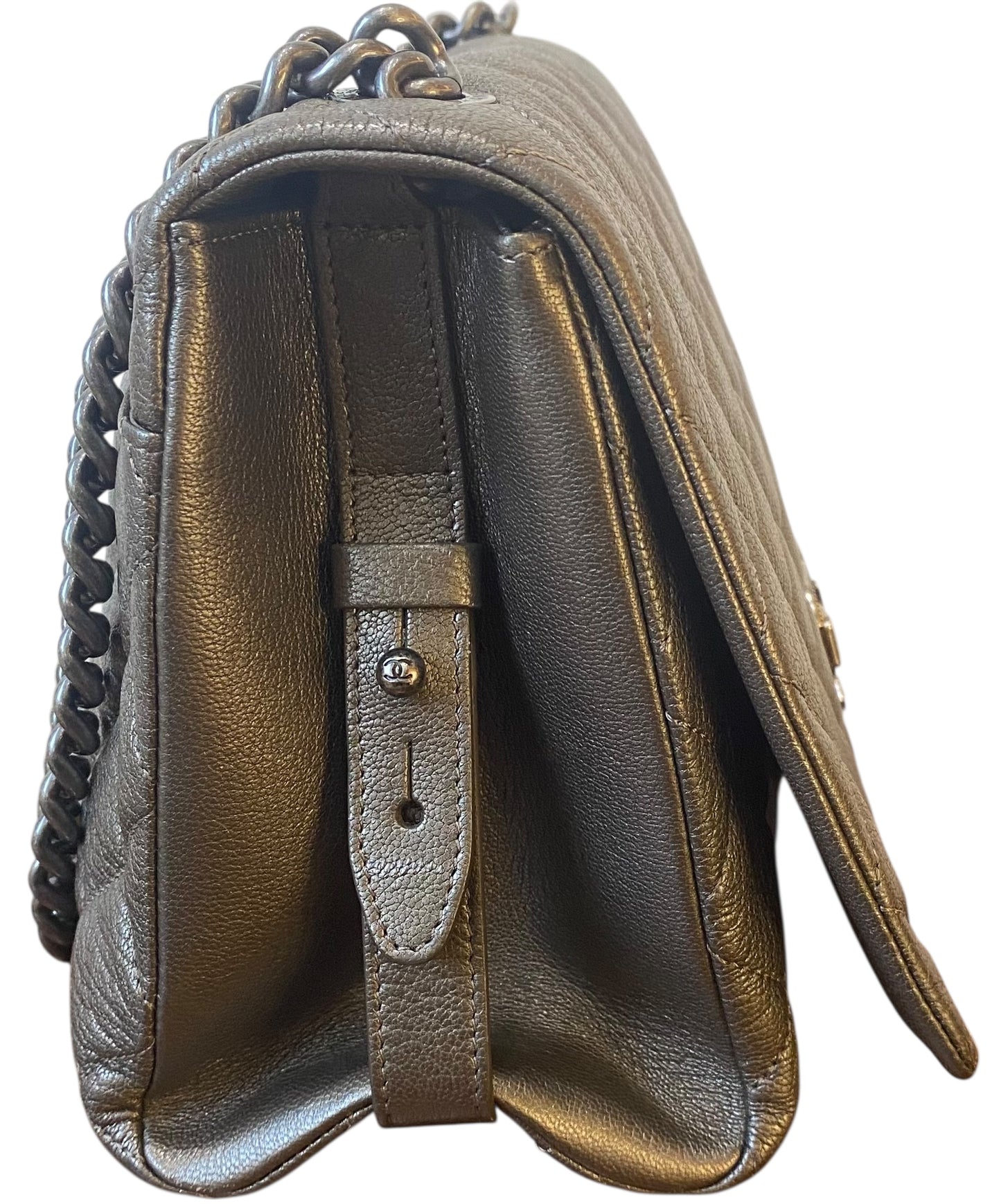 Chanel City Rock Large Dark Grey Metallic Quilted Goatskin Flap Bag