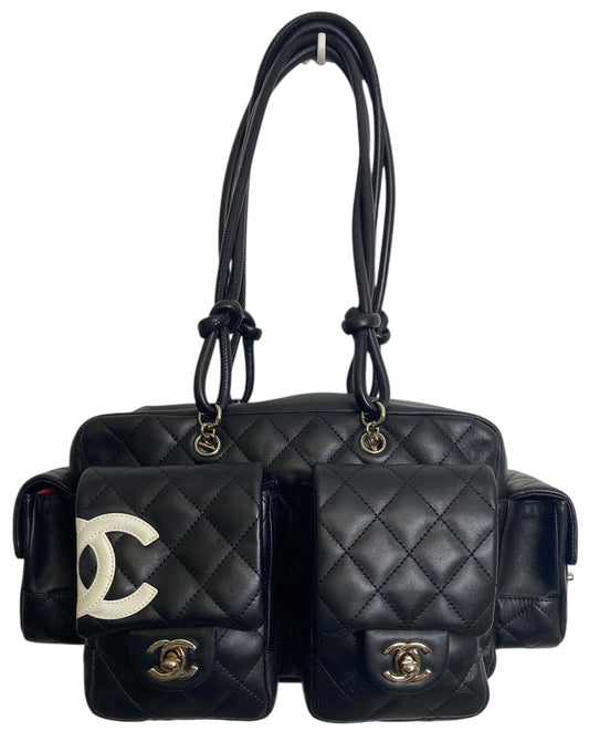 Chanel 2005 Small Cambon Reporter Black White Lambskin Handbag SHW