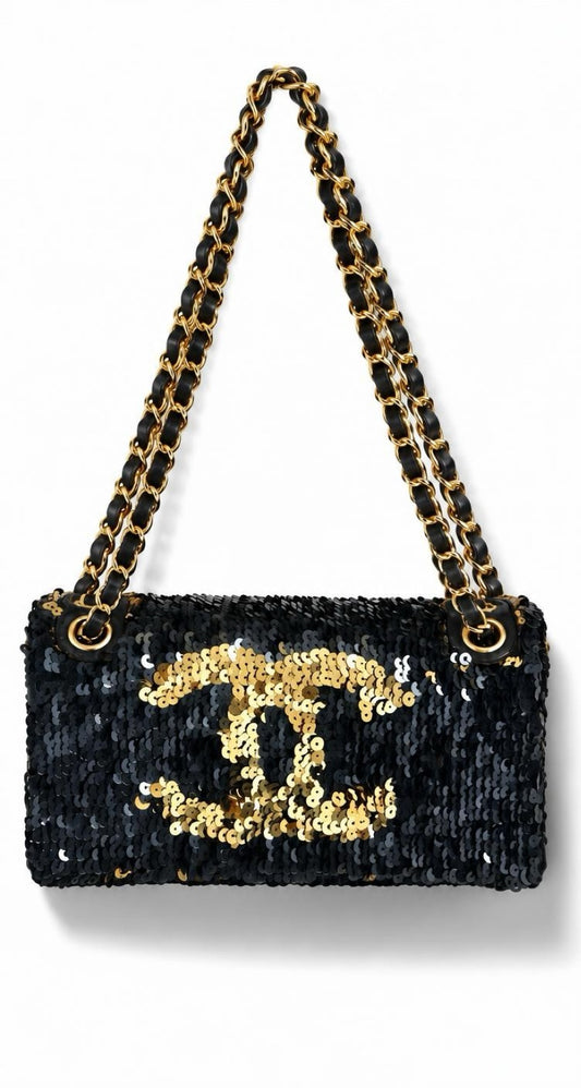 Chanel 08C Blue/Gold Metallic Sequins Summer Nights Medium Flap Bag