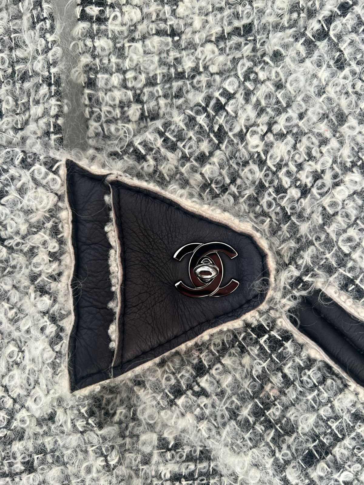 Chanel 10A Shanghai Shearling Tweed CC Grey Black Leather Trim Jacket Coat FR 36