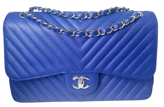 Chanel 2019 Bright Blue Caviar Chevron Quilted Jumbo Double Flap Timeless Classic Bag SHW