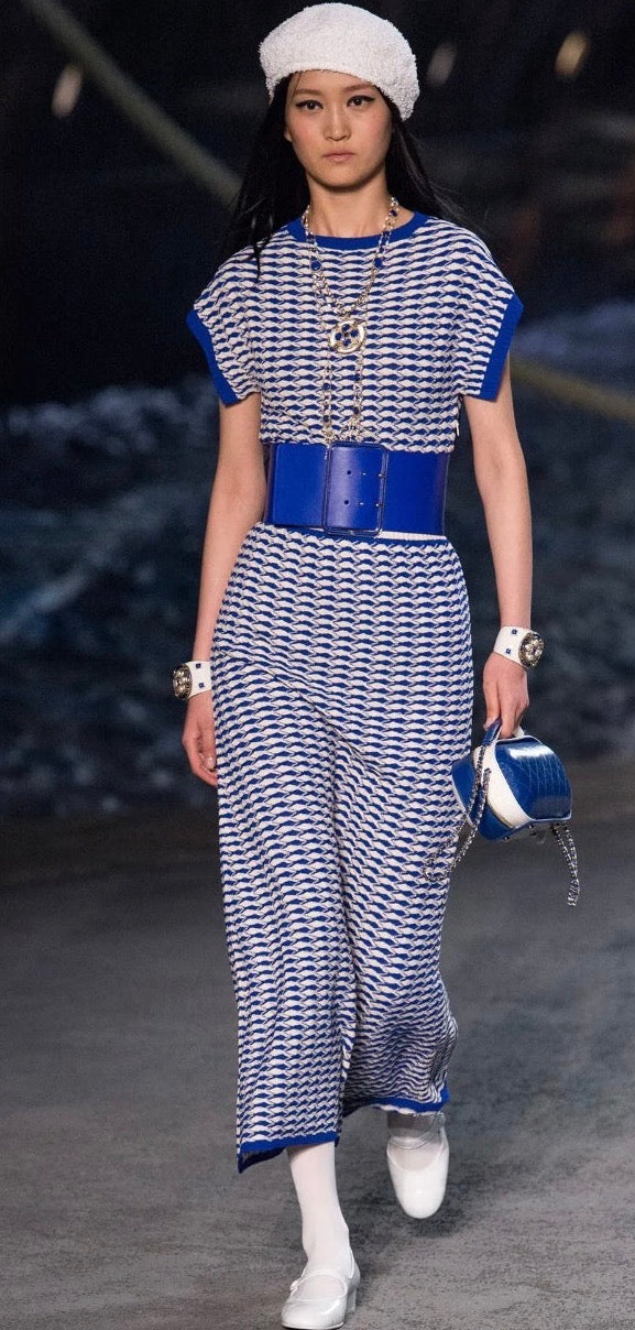 Chanel 19C La Pausa CC Wave Stripe Blue White Polo Shirt FR 36