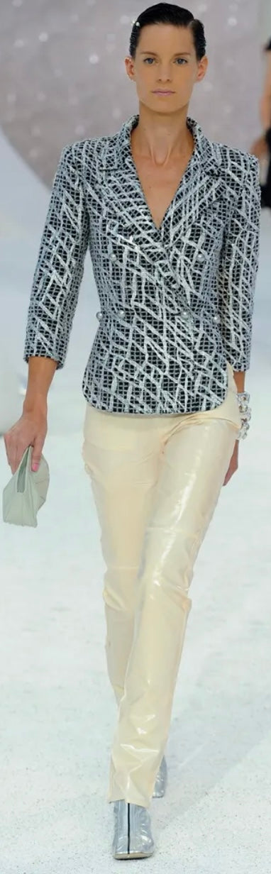Chanel 12P Double Breasted Silver Metallic Graffiti Black Jacket FR 36