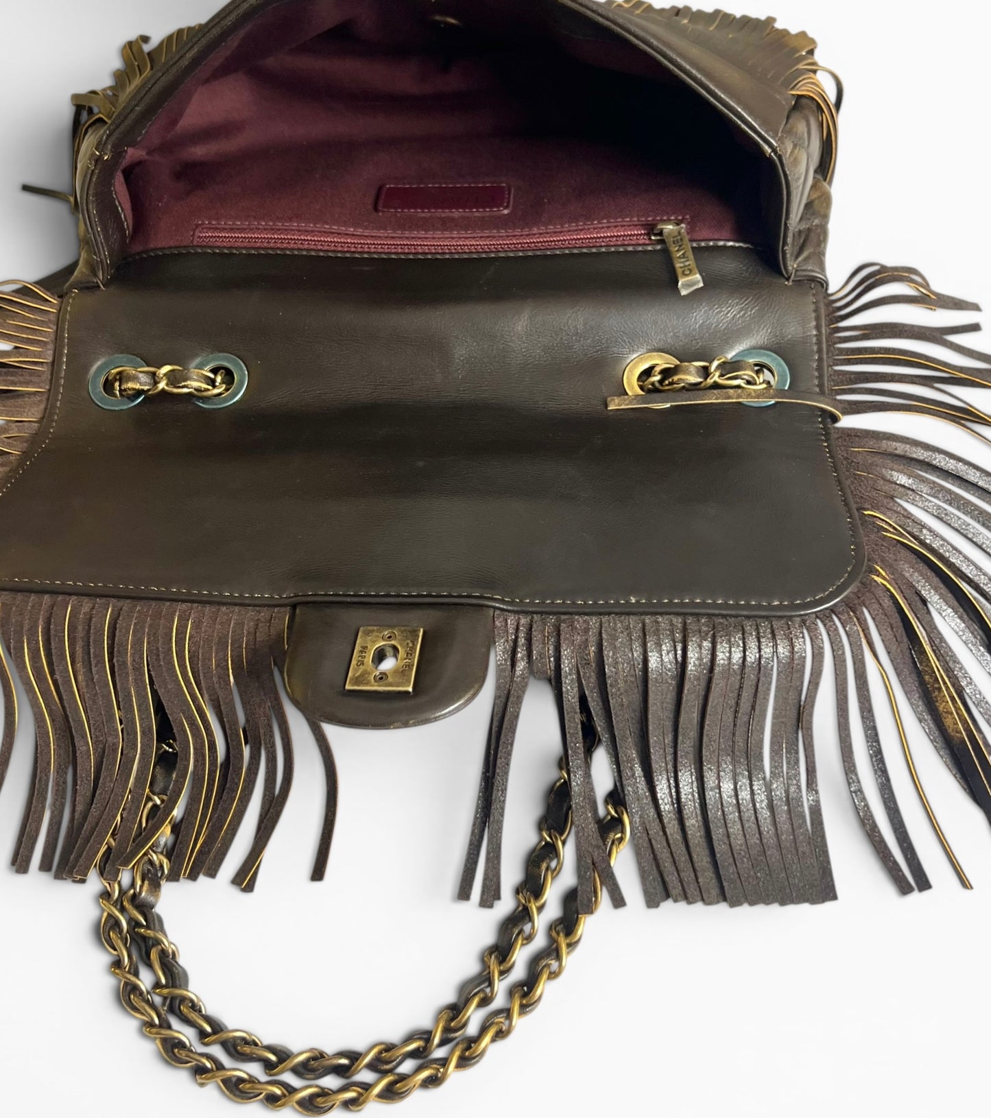 Rare Chanel 14A Paris Dallas Medium Brown Metallic Leather Fringe Classic Flap Bag