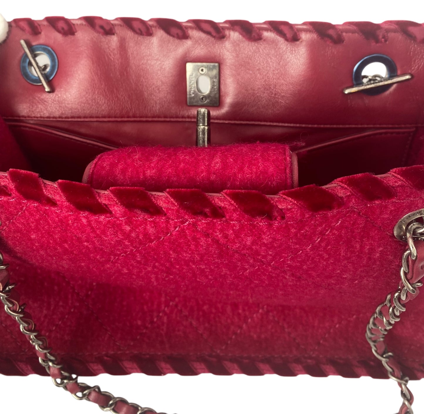 Chanel Medium Fancy Felt Raspberry Red Wool Shopping Tote Bag
