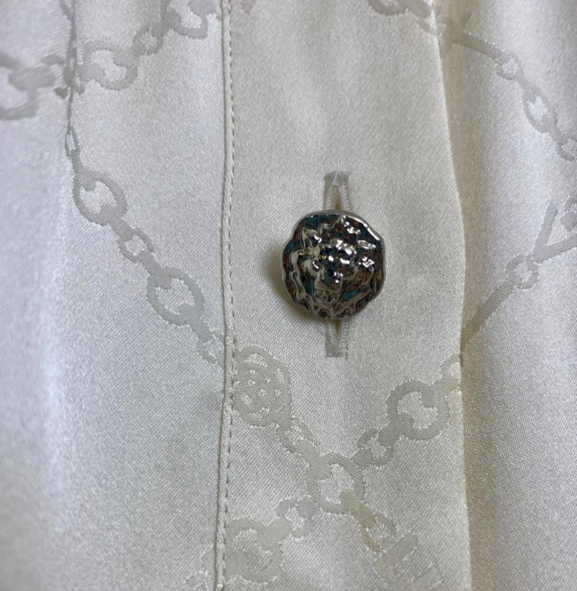 Chanel 23C Ecru Jacquard Silk CC Logo Velvet Bow Blouson Dress FR 40