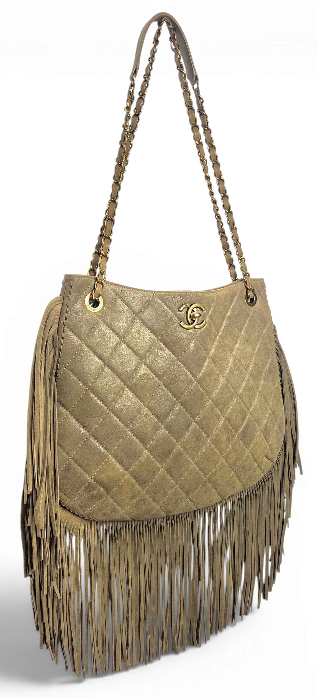 Chanel 14A Paris Dallas Iridescent Taupe Brown Nubuck Classic Hobo Shopper Tote Bag