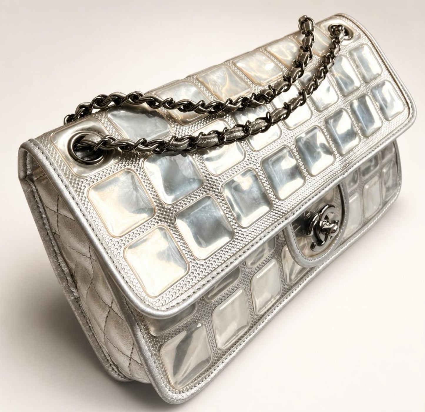 ICONIC Chanel 08C Medium Ice Cube Metallic Silver PVC Calfskin Classic Single Flap Bag