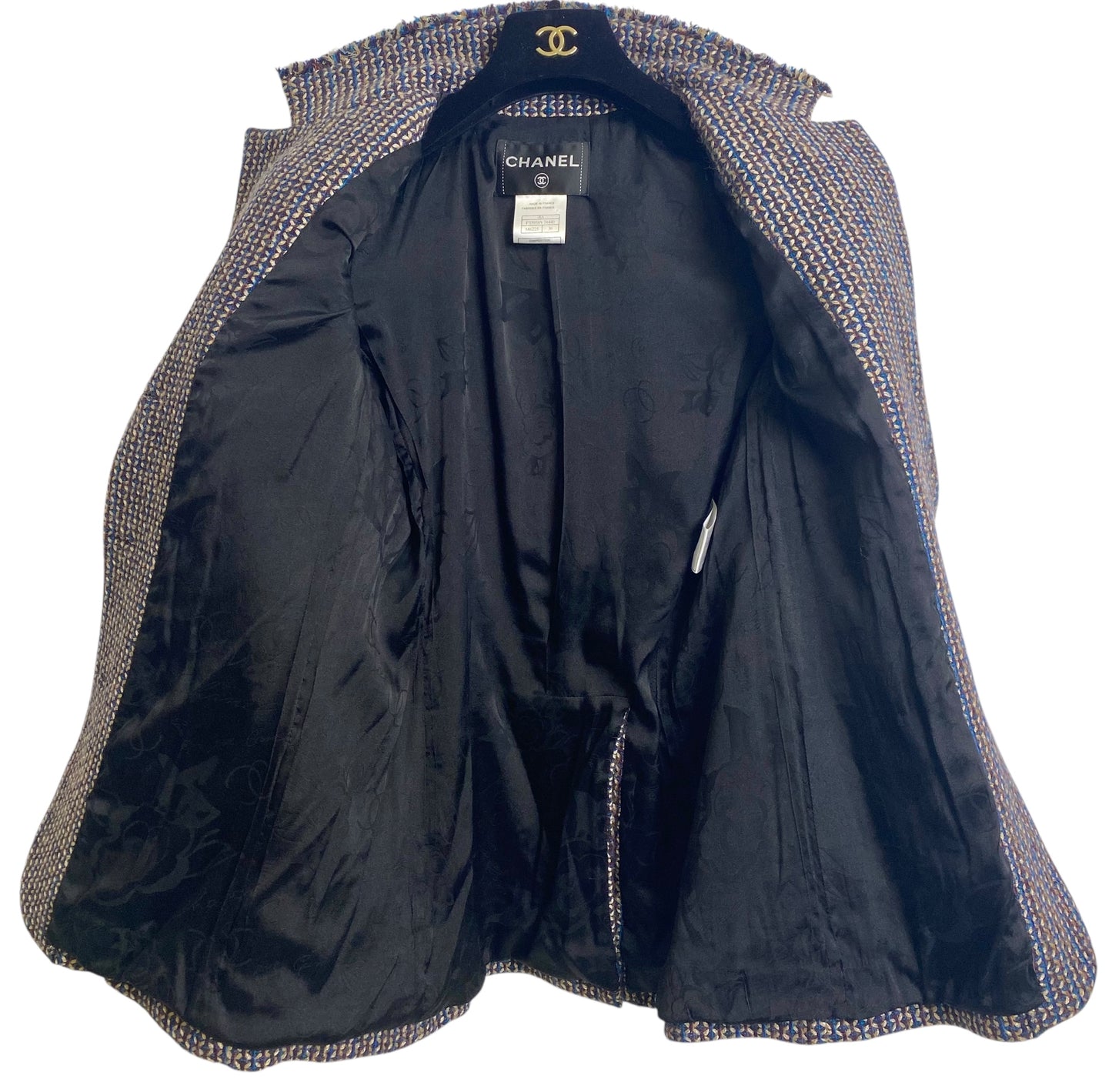 Rare Chanel 08A Runway Tweed Turquoise Blue Multicolor Gold Blazer Jacket FR 36