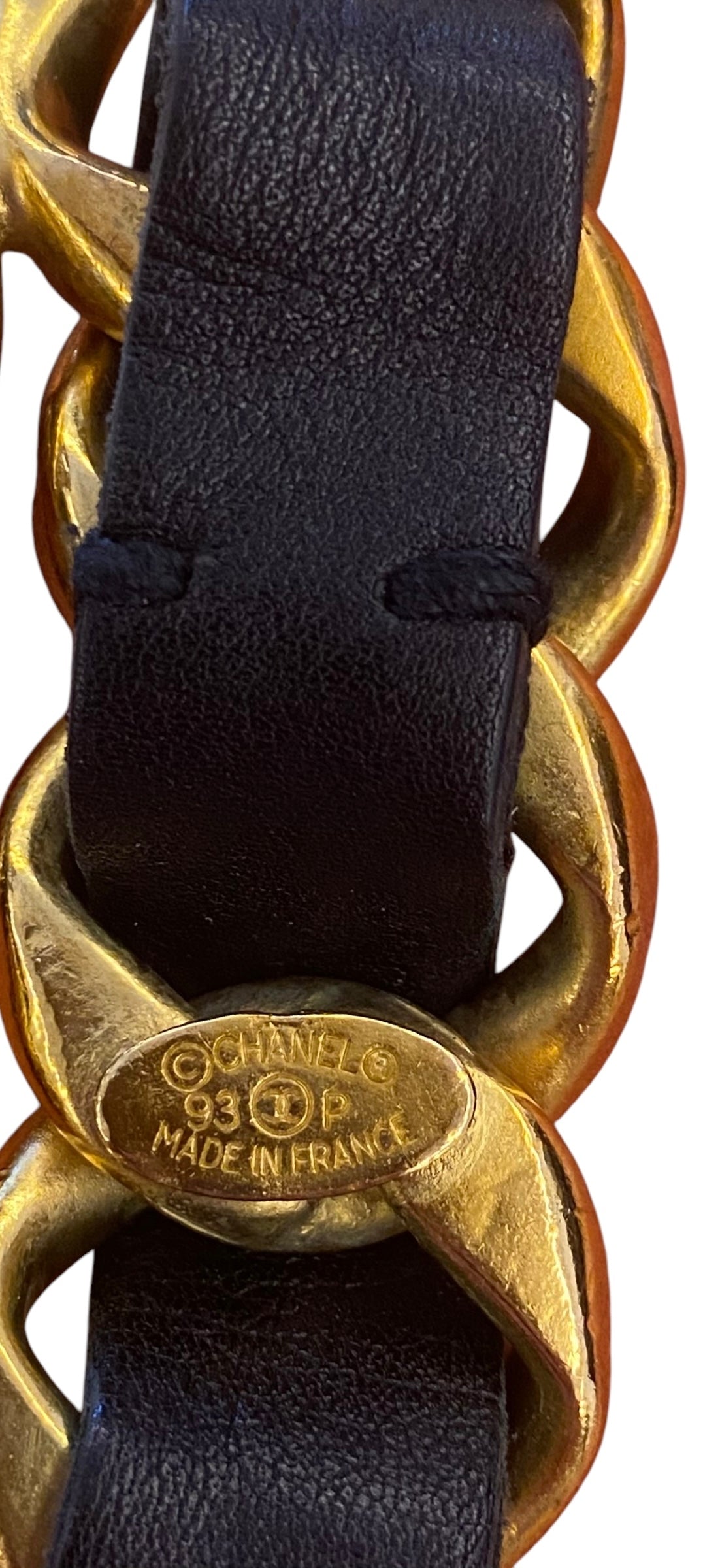 Iconic Vintage Chanel 93P Jumbo Gold Chain CC Logo Black Leather Belt Necklace