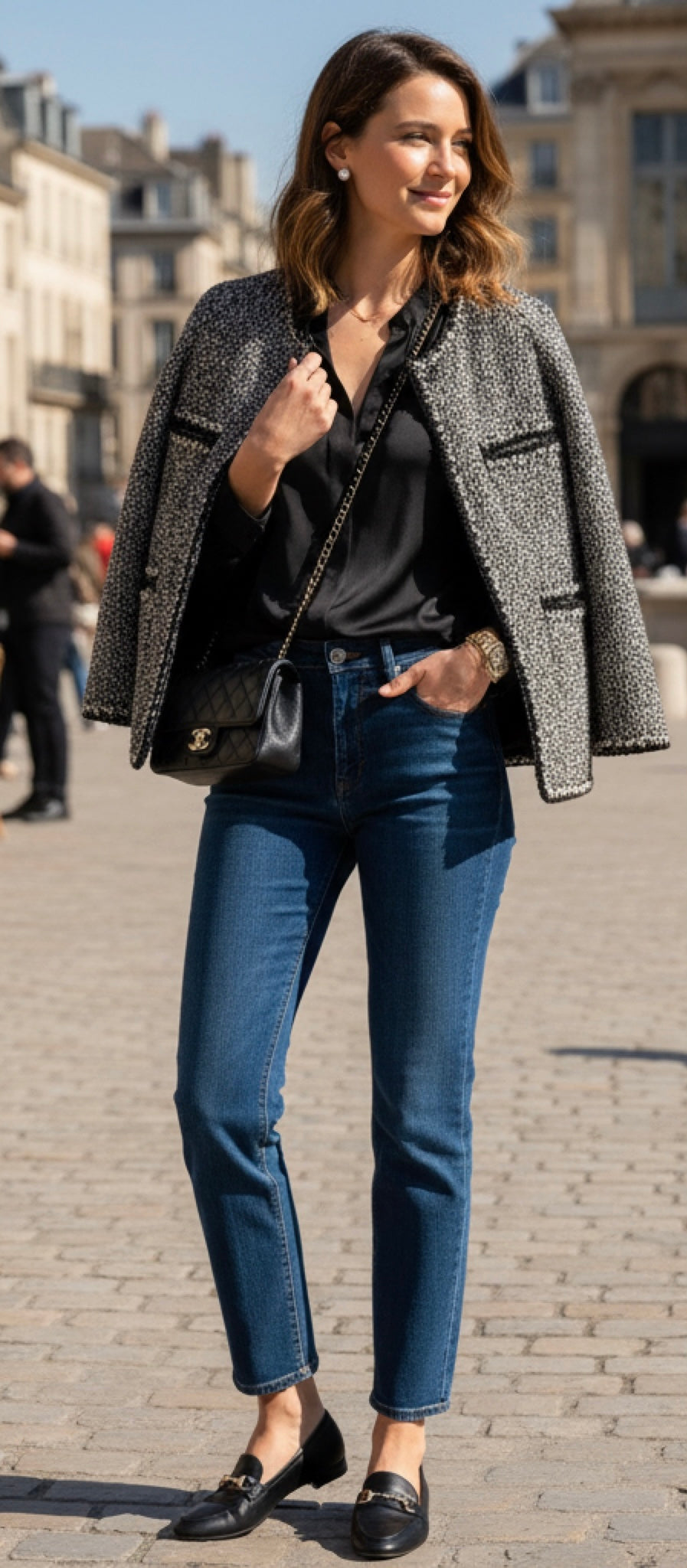 Chanel 11A Classic Black White Tweed Braided Trim Zip Up Jacket FR 50