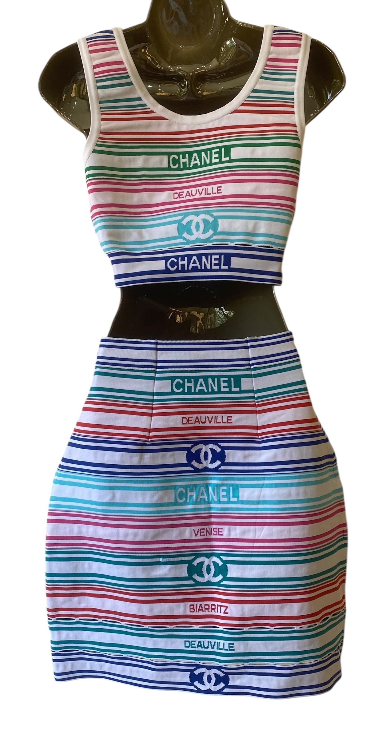 Chanel 19P Multicolor Stripe Crop Top and Skirt Set FR 36