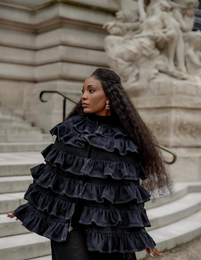 Chanel 24A Paris Manchester Black Denim Coat Jacket Cape FR 36