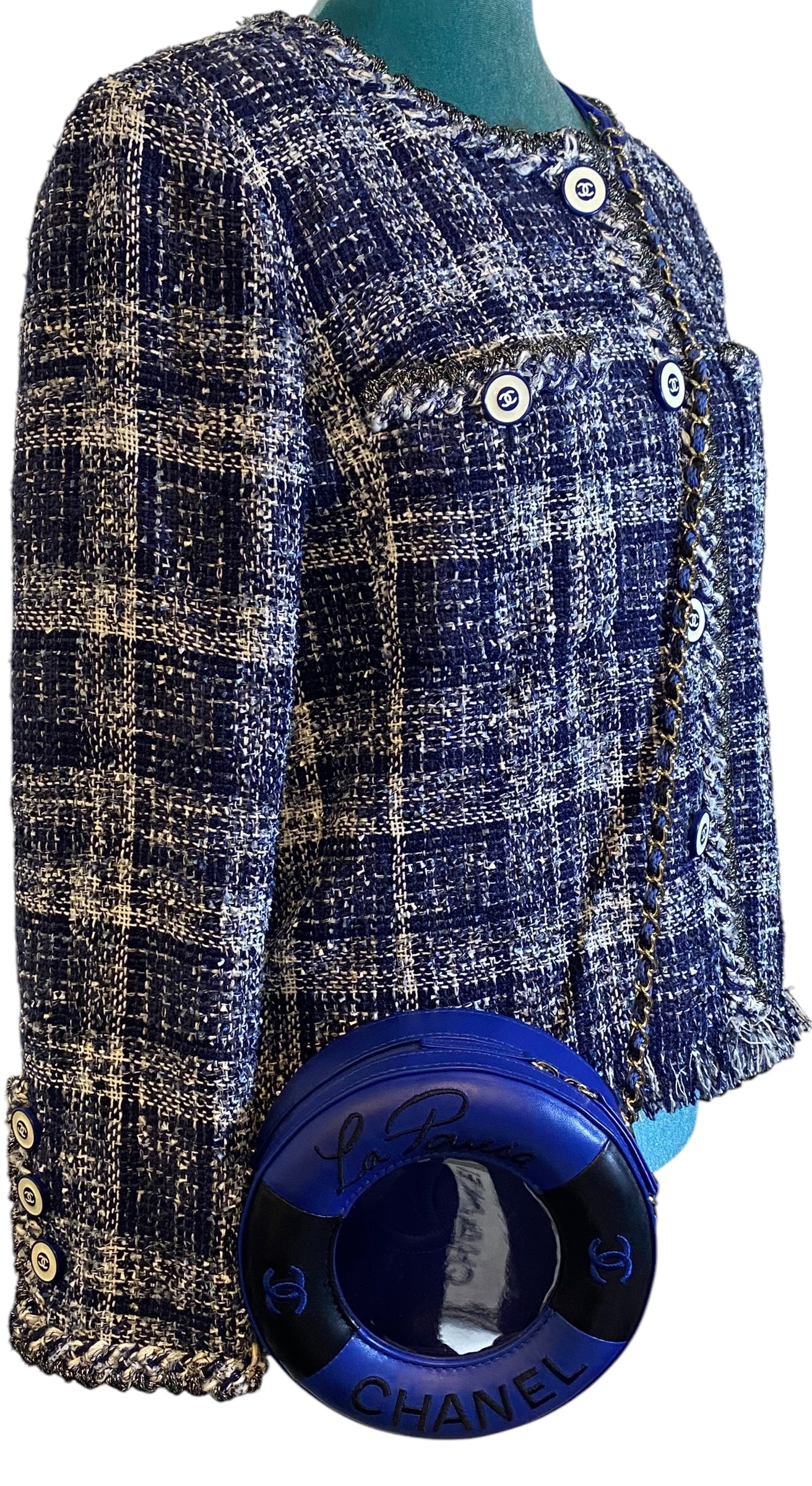 CHANEL 19C LA PAUSA COCO LIFESAVER MINAUDIÈRE BAG BLUE & BLACK WITH CHAMPAGNE GOLD HARDWARE