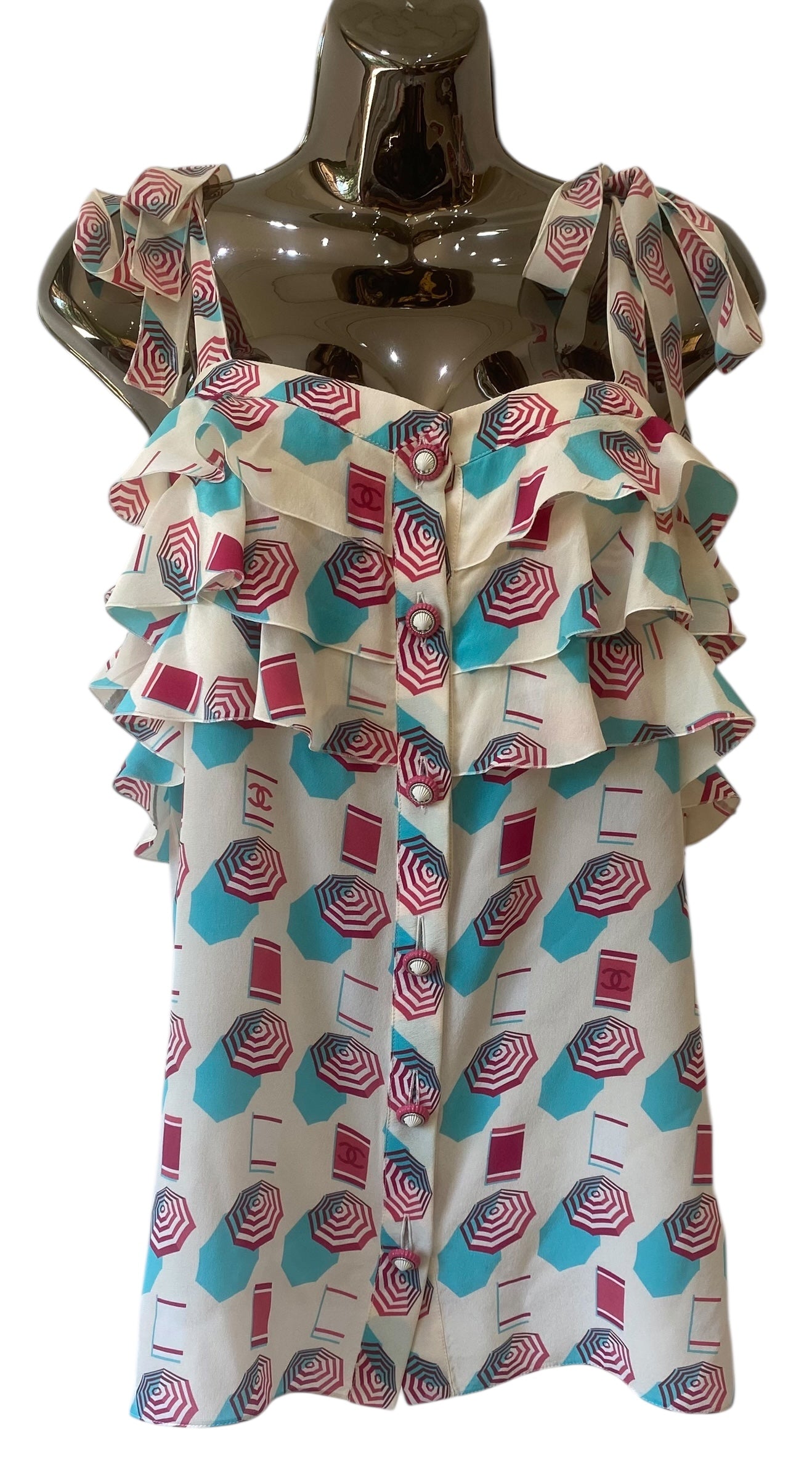 Chanel 19S Runway Umbrella Shells Motif Silk Multicolor Blouse FR 36
